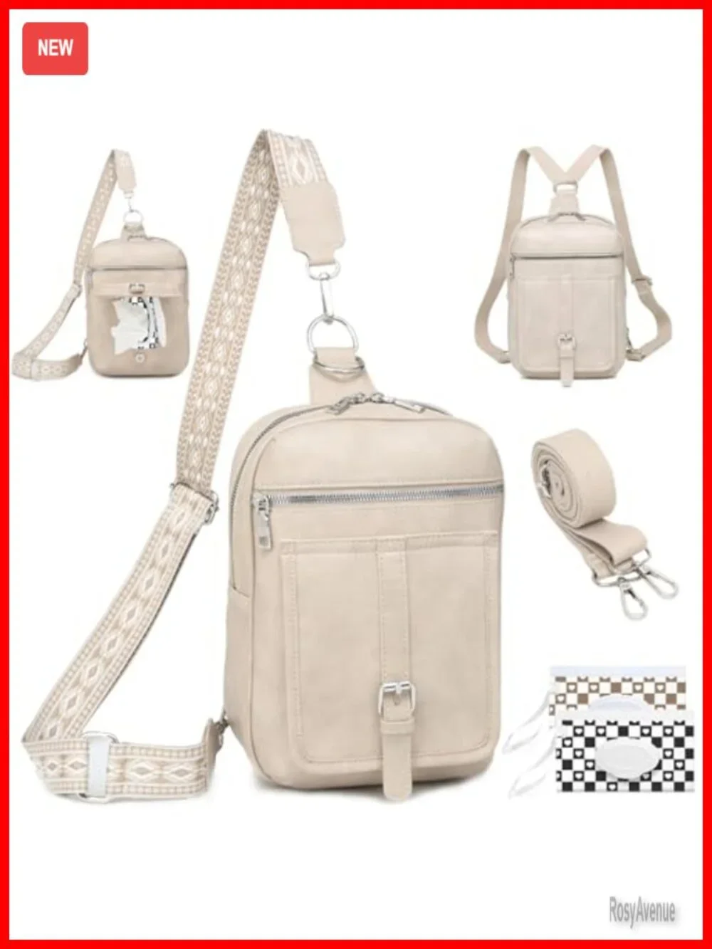 Vegan Leather Diaper Bag Crossbody Sling Purse 2-in-1 Backpack with 2 Straps